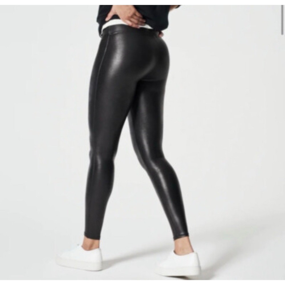 SPANX WOMENS BLACK FAUX LEATHER spackle leggings medium - Picture 1 of 12